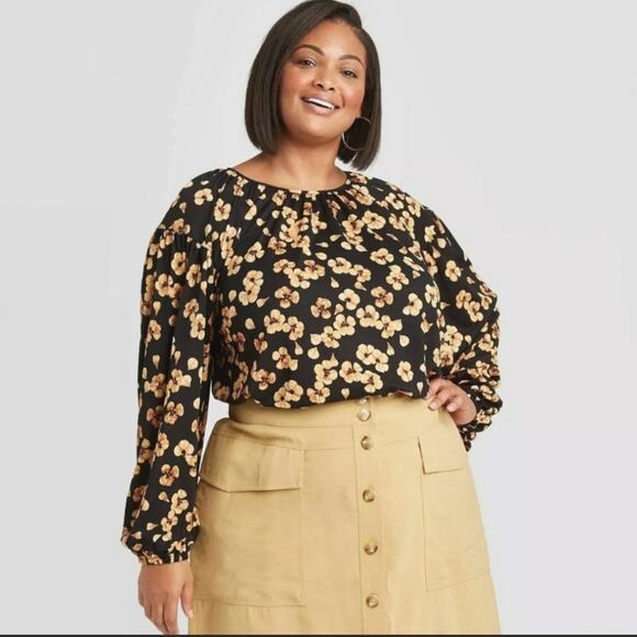 Ava & Viv Black Floral Print Blouse Size X (14W) NWT - Picture 1 of 6